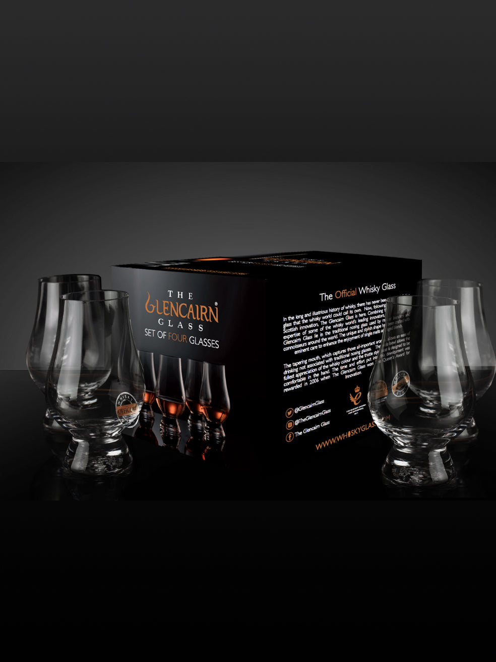 The Glencairn Whisky Glass is considered the definitive glass for whisky, ideal for both blenders and whisky lovers. The wide crystal bowl allows for the fullest appreciation of the whisky’s colour and the tapering mouth of the glass captures and focuses the aroma on the nose. Set of four glasses.