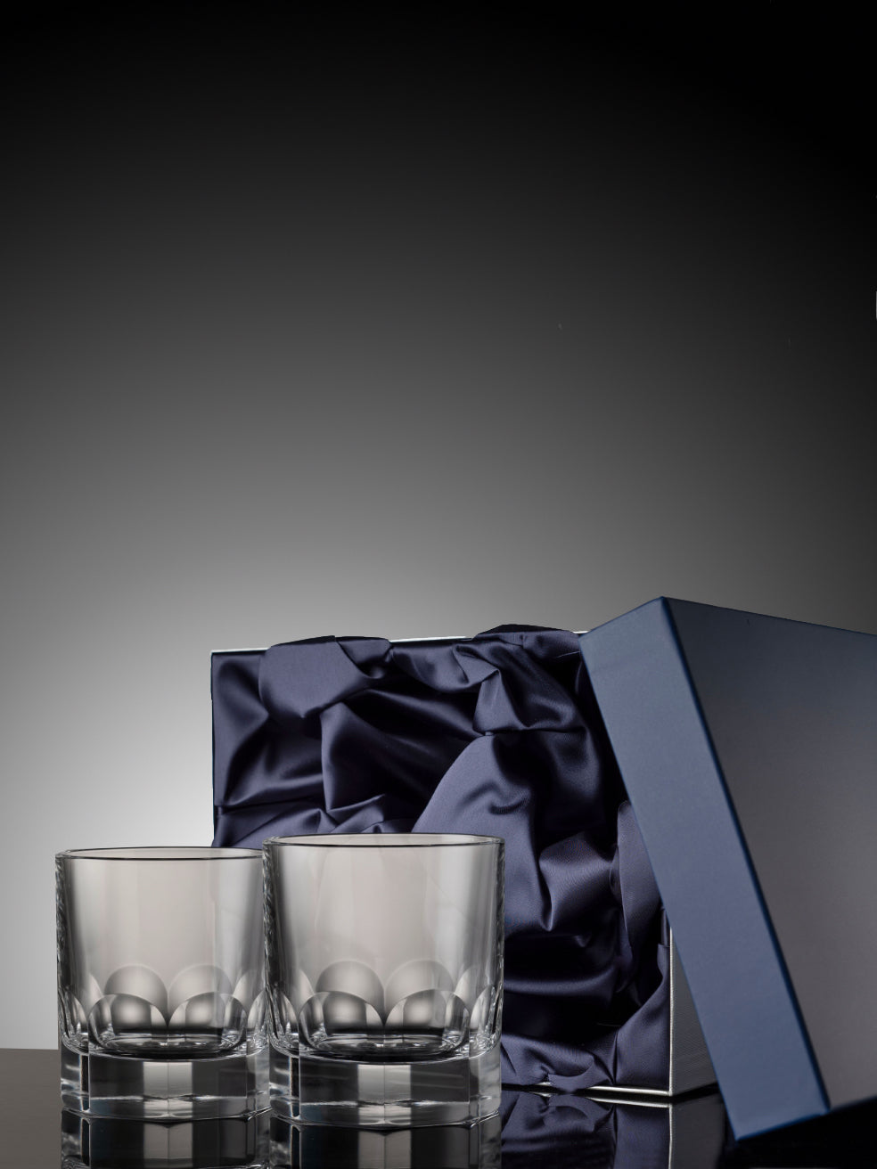 Two Lewis crystal whisky tumblers in a blue satin box.