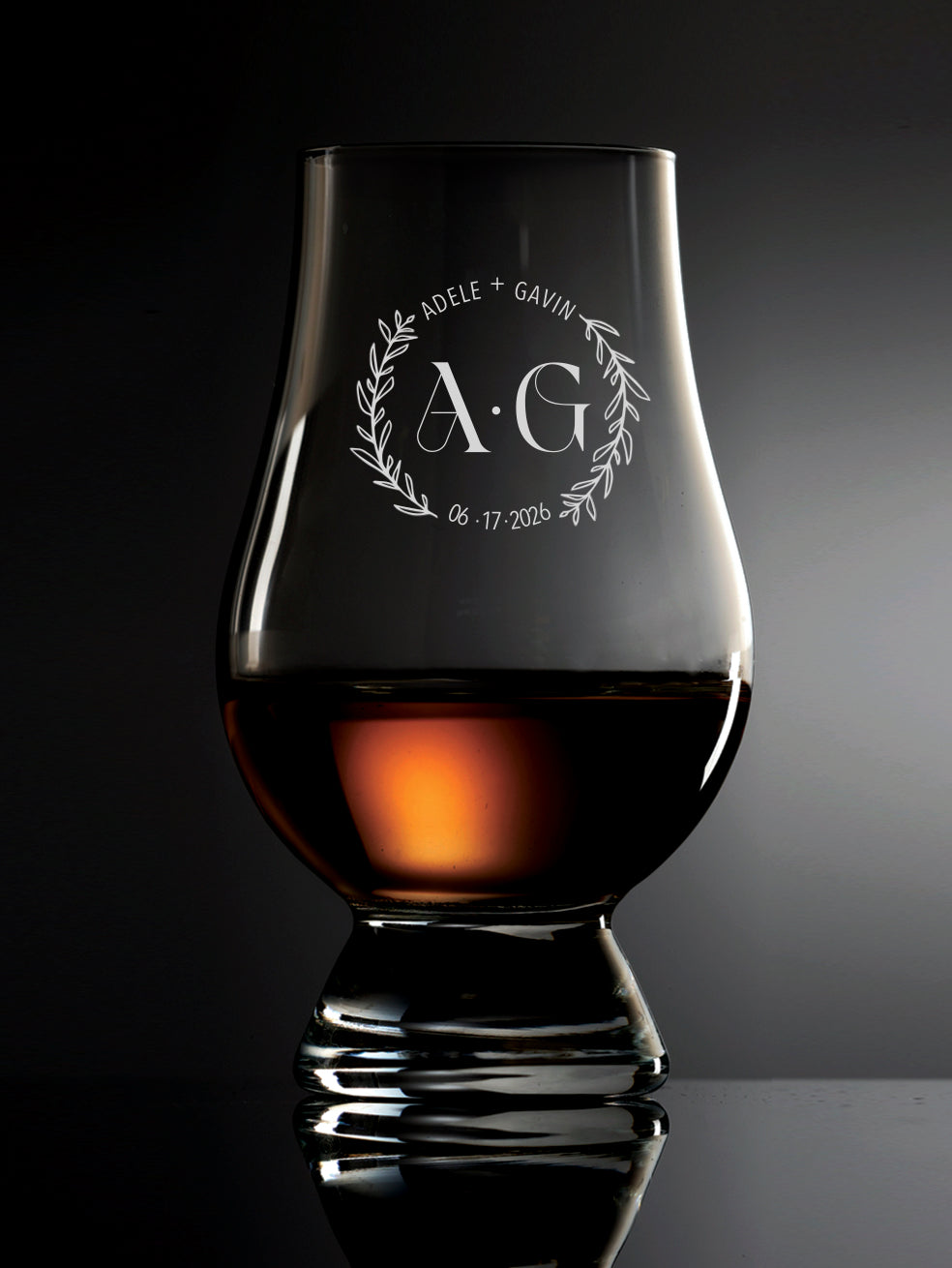 Wreath design with your name, initials and wedding date on the Glencairn Whisky Glass.