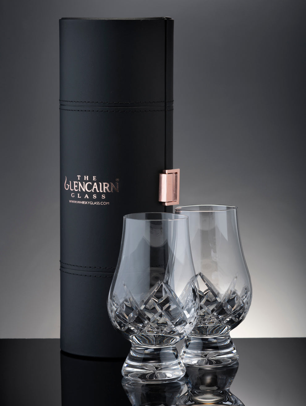 Pair of cut Glencairn Whisky Glasses in travel case.