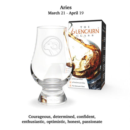 Glencairn Whisky Glass engraved with the Aries zodiac sign (March 21 to April 19).
