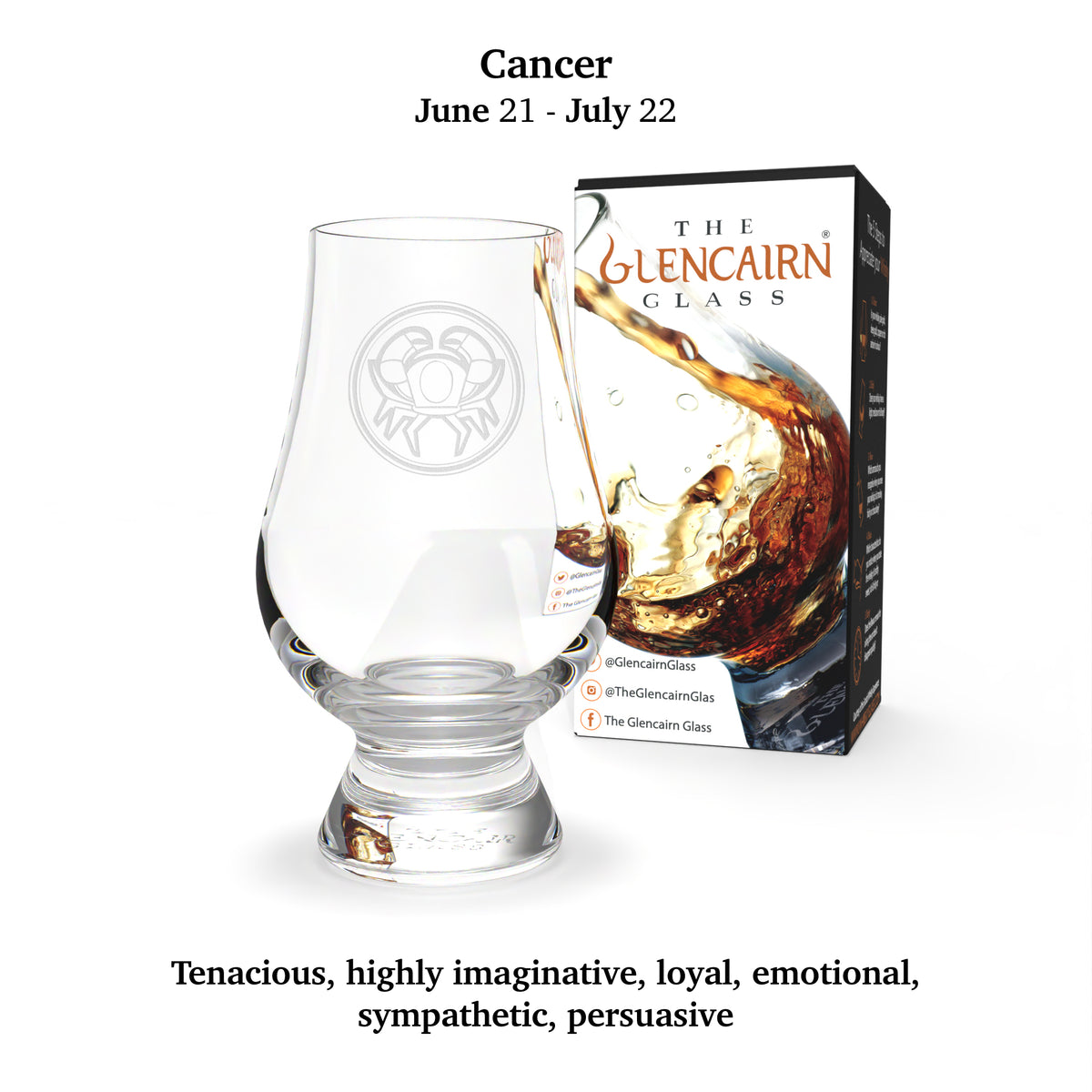 Glencairn Whisky Glass engraved with the Cancer zodiac sign (June 21 to July 22).
