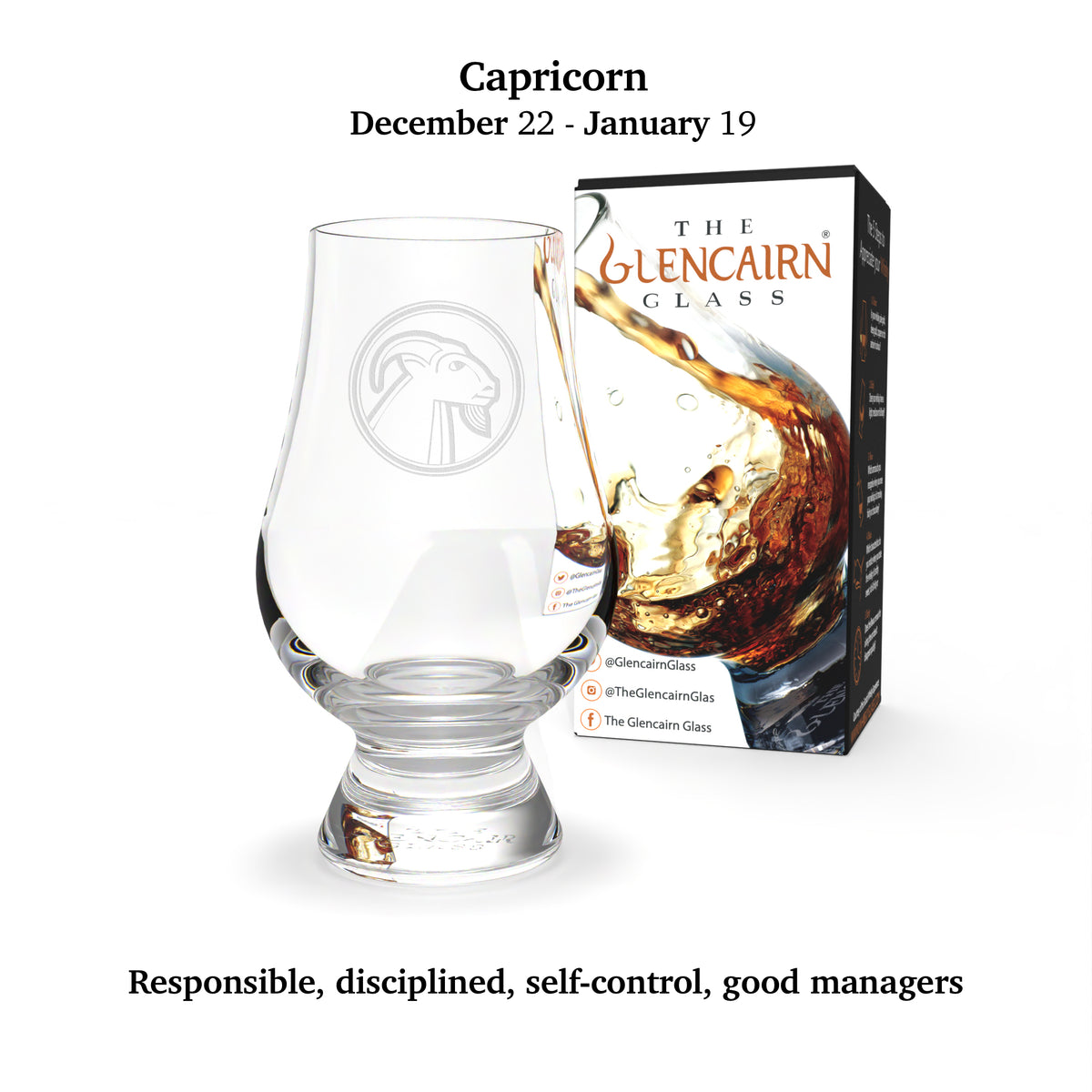 Glencairn Whisky Glass engraved with the Capricorn zodiac sign (December 22 to January 19).