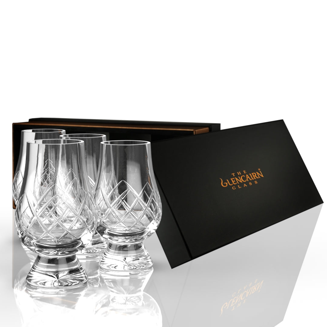 Set of four cut Glencairn Whisky Glasses in premium presentation box.