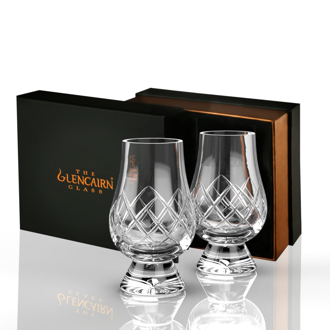 Pair of cut Glencairn Whisky Glasses in luxurious presentation box.