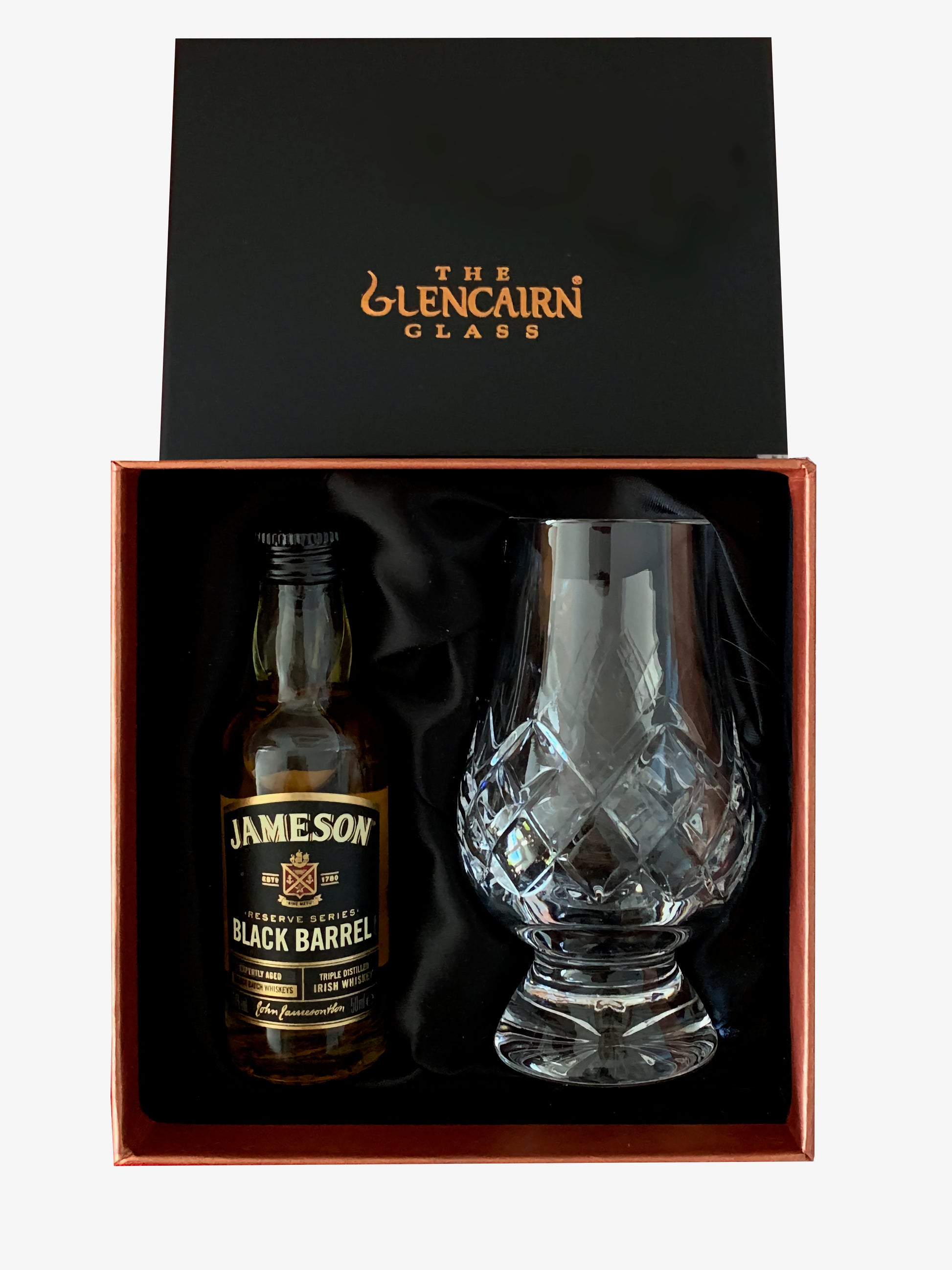 The Cut Glencairn Whisky Glass paired with a miniature bottle of Jameson Black Barrel Whisky ready to gift in a luxurious presentation box.