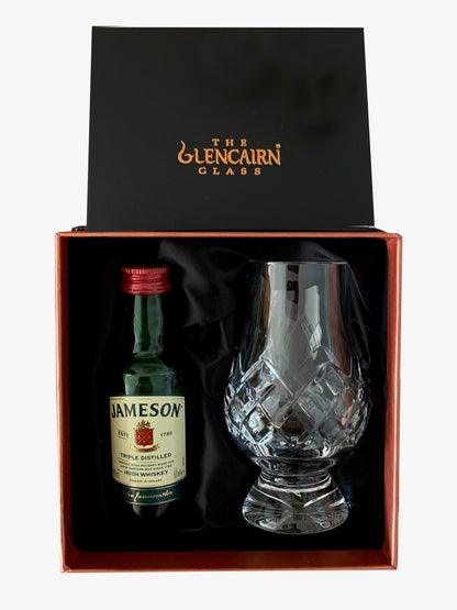 The Cut Glencairn Whisky Glass paired with a miniature bottle of Jameson Triple Distilled Whisky ready to gift in a luxurious presentation box.