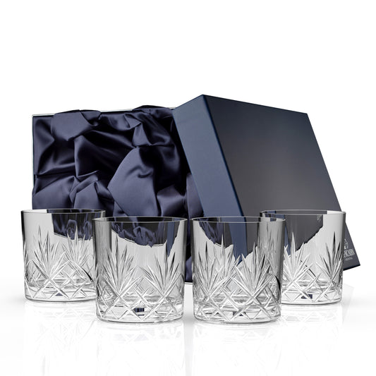 The Edinburgh is a traditional full cut whisky glass. Mouth blown, hand cut, hand polished crystal. Set of four tumblers in luxurious presentation box.