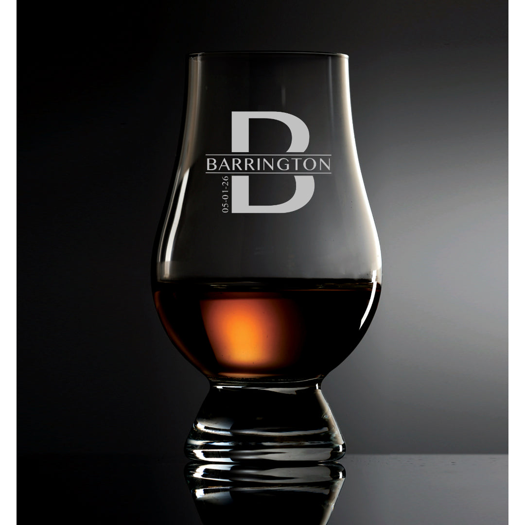Your family name with optional wedding date etched on the Glencairn Whisky Glass.