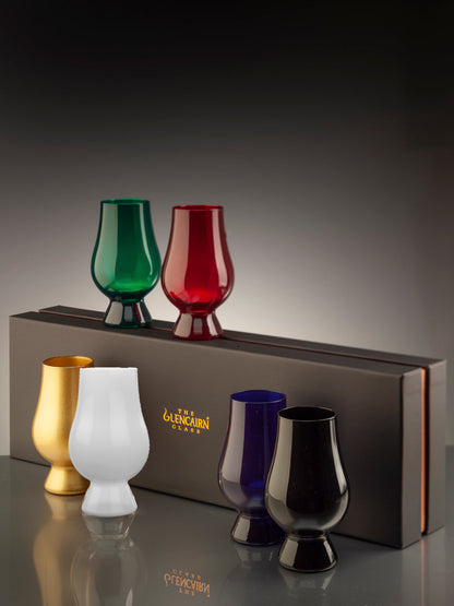  It features the world's favourite whisky glass in six different colours: black, blue, green, gold, red, and white.  Supplied in a luxury black gift box.
