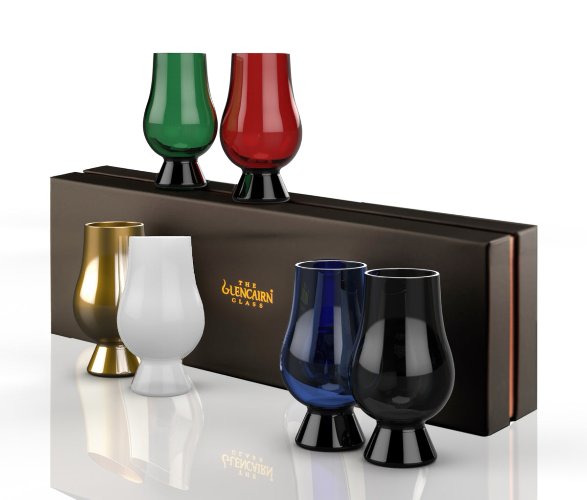 A set of six Glencairn Whisky Glasses perfect for blind tasting.  The glass colours are gold, white, blue, black, green and red.