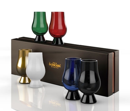 A set of six Glencairn Whisky Glasses perfect for blind tasting.  The glass colours are gold, white, blue, black, green and red.