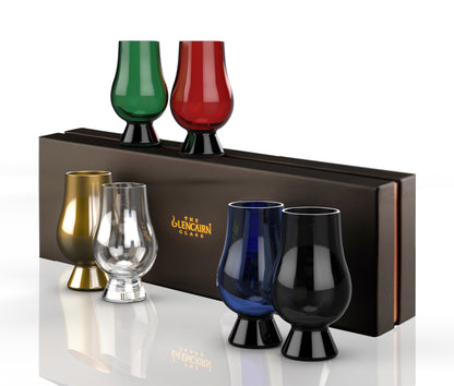 This gift set features the world's favourite whisky glass in five different colours: black, blue, green, gold and red, as well as the original clear Glencairn Glass.  Supplied in a luxury black gift box