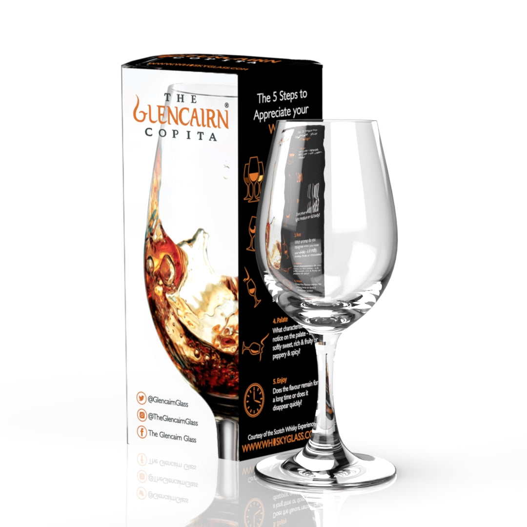 Modelled from the traditional sherry copita, manufactured with lead-free crystal and optimised for sensory analysis for the whisky enthusiast.  Part of the Glencairn collection.