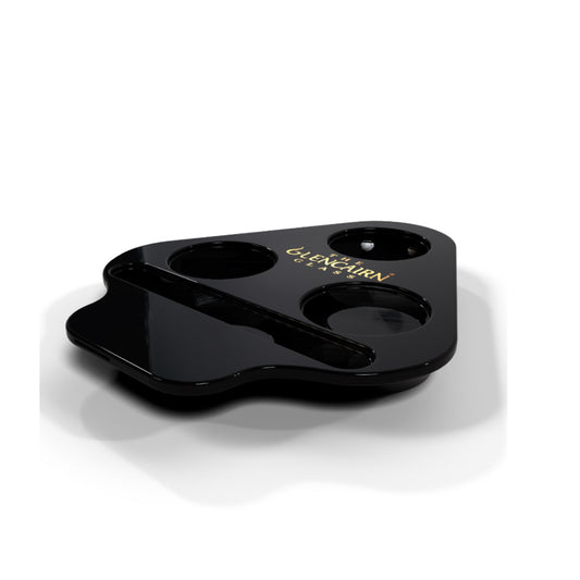 Flight tray can hold three Glencairn Glasses or two glasses and a wee water jug.  There is also a space for the Glencairn Pipette.