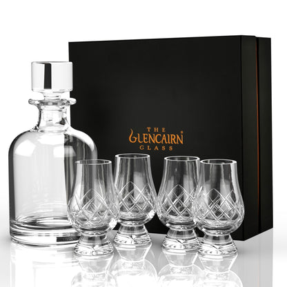 Iona Decanter with set of four Cut Glencairn Whisky glasses in luxurious presentation box.