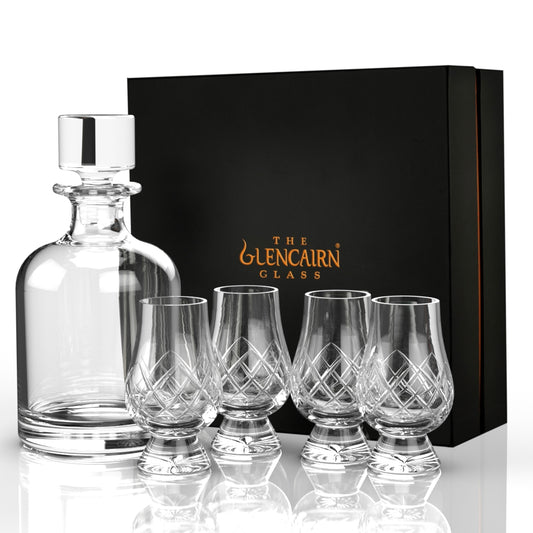 Iona Decanter with set of four Cut Glencairn Whisky glasses in luxurious presentation box.