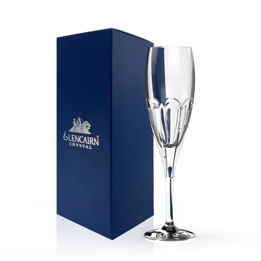 A modern interpretation on cut crystal - a solid and weighty yet fine champagne flute with a thumb cut finish.