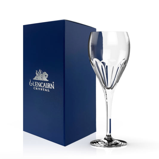 A modern interpretation on cut crystal - a solid and weighty yet fine wine glass with a thumb cut finish.