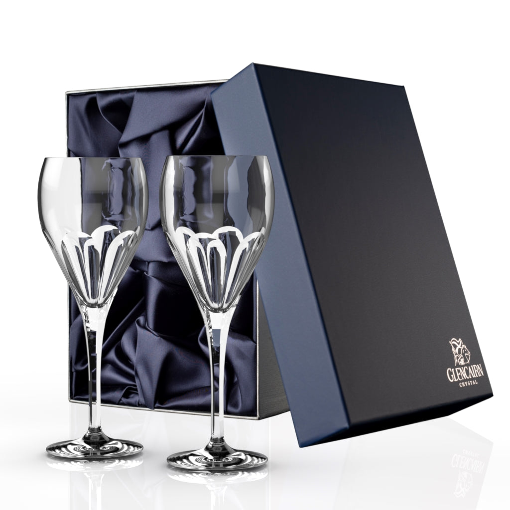Pair of crystal red wine glasses from the Lewis collection in a blue presentation box.