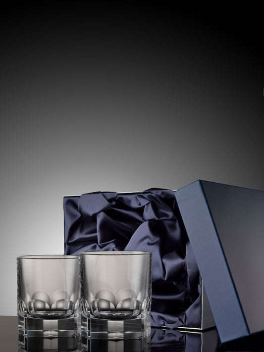 Two Lewis crystal whisky tumblers in a blue satin box.
