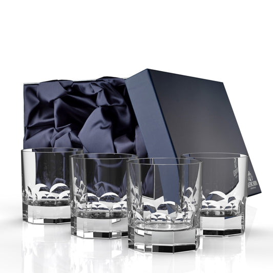 A modern interpretation on cut crystal - a solid and weighty  tumbler with a thumb cut finish. 

This set of four glasses is presented in a luxurious gift box ready to offer to the whisky enthusiast in your life.