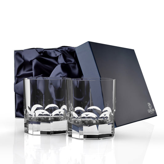 A modern interpretation on cut crystal - a solid and weighty yet fine crystal tumbler with a thumb cut finish. 
This pair is presented in a luxurious gift box ready to offer to the whisky enthusiast in your life.