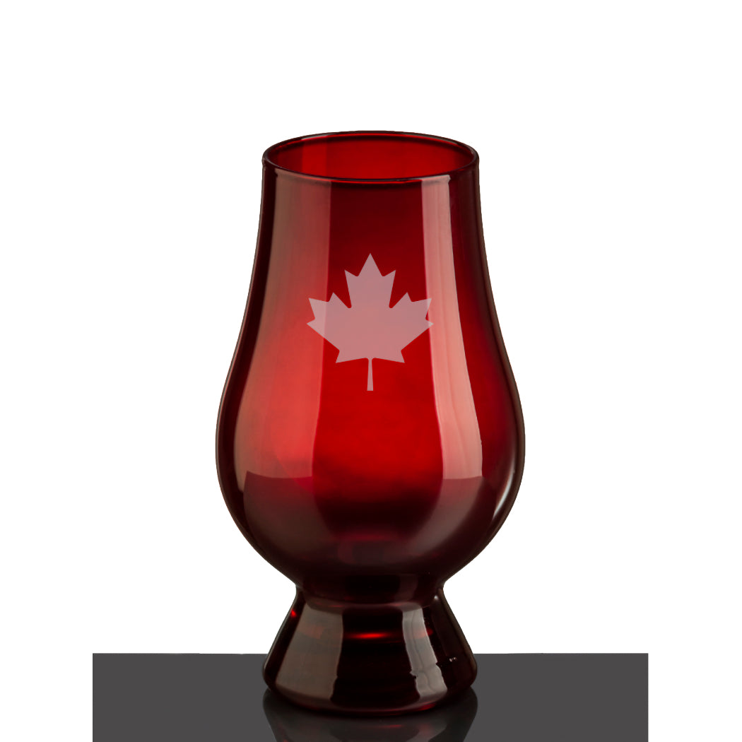 Red Glencairn Whisky Glass with the Canadian maple leaf.  Proceeds go to the Red Cross Canadian Wildfire Fund.