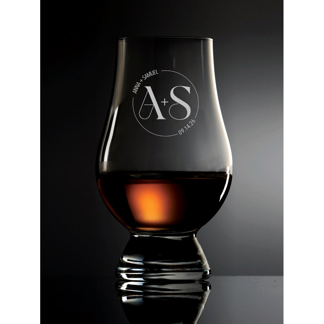 Glencairn Whisky Glasses personalized with your names, initials and wedding date.