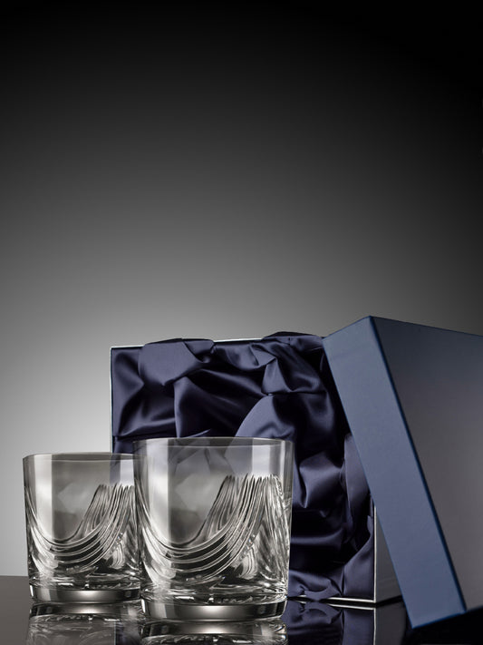 Pair of Montrose crystal whisky tumblers in presentation box.