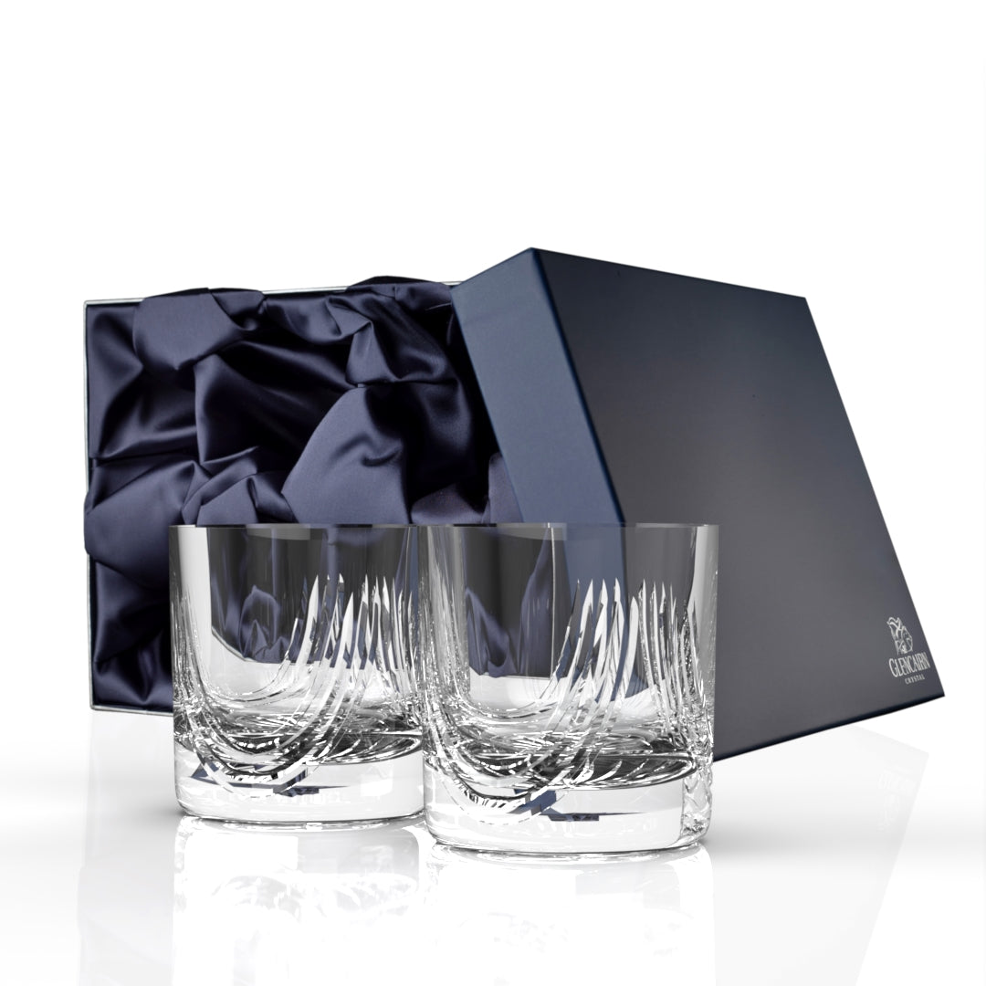 The beautiful hand-cut Montrose tumbler features sweeping cuts on the glassware inspired by the folds of the Scottish kilts.   Gift set of two whisky tumblers in luxurious presentation box.