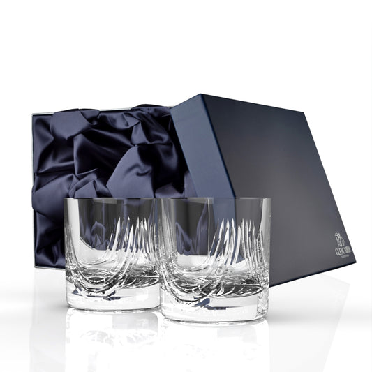 The beautiful hand-cut Montrose tumbler features sweeping cuts on the glassware inspired by the folds of the Scottish kilts.   Gift set of two whisky tumblers in luxurious presentation box.