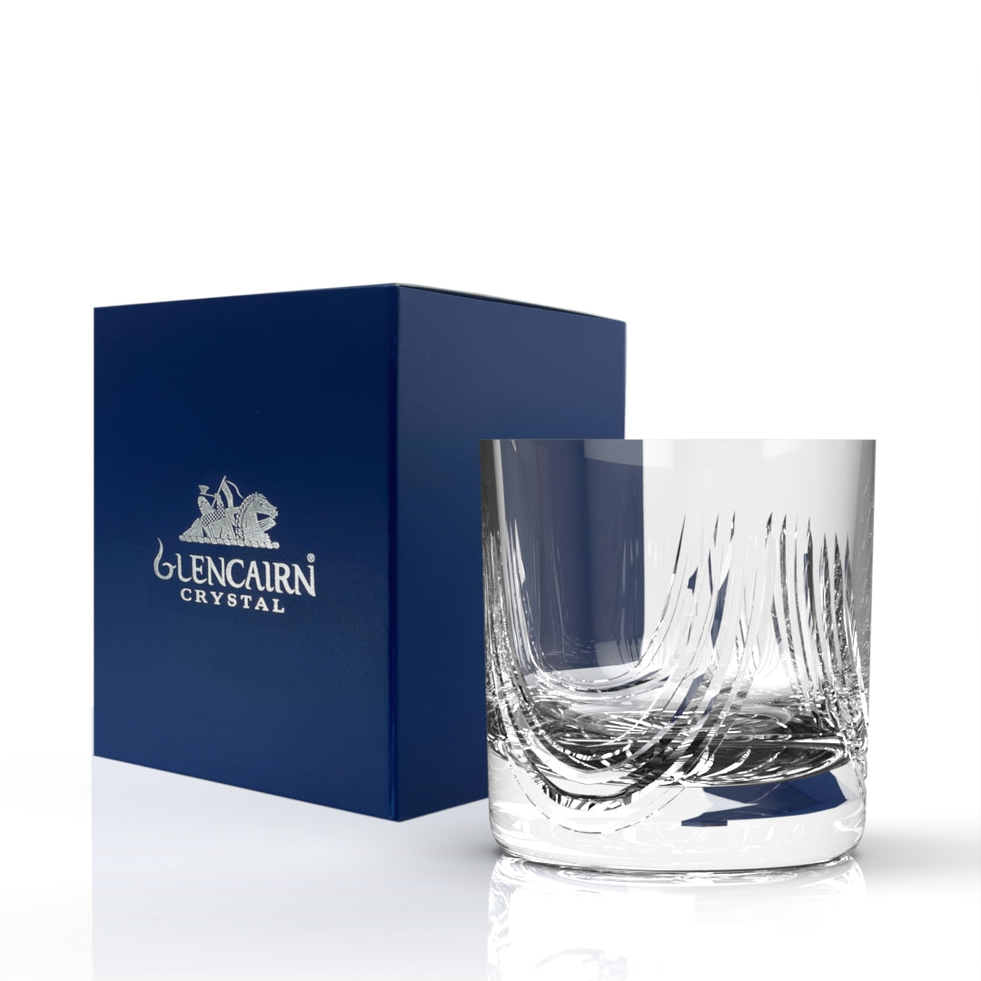 The beautiful hand-cut Montrose tumbler features sweeping cuts on the glassware inspired by the folds of the Scottish kilts. 