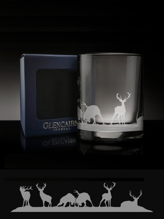 Featuring a wrap-around herd of grazing stags, this crystal tumbler can be used for any beverage from water to whisky and is supplied in a navy windowed carton, perfect for gifting.