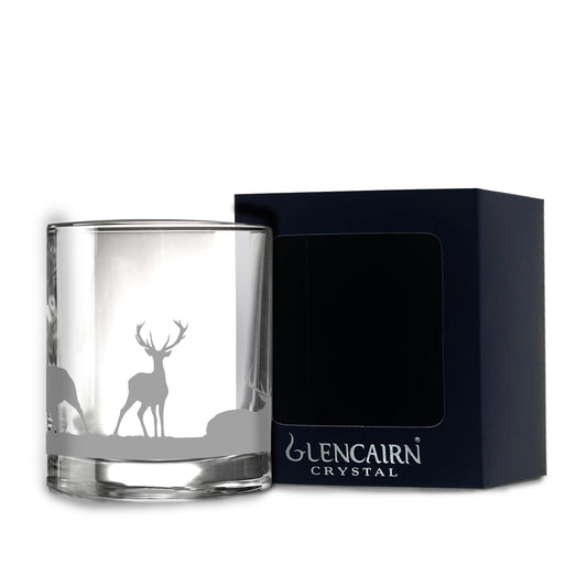 Featuring a wrap-around herd of grazing stags, this lead-free crystal tumbler can be used for any beverage from water to whisky and is supplied in a navy windowed carton, perfect for gifting.