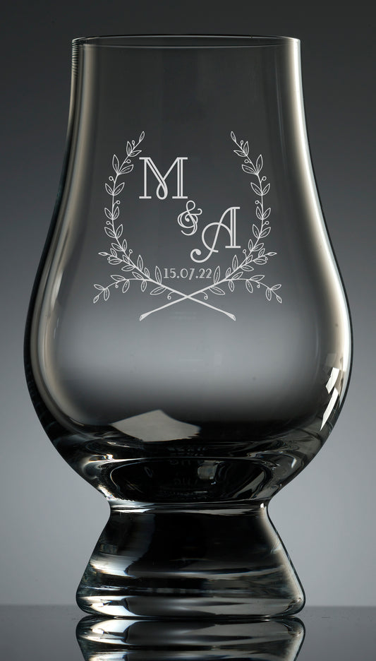 Etching of wedding wreath logo available on all glassware.  No minimum order quantity.  Pricing based on quantity ordered.