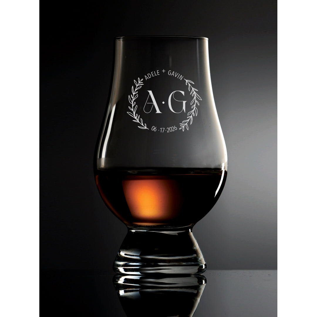 Wreath design with your name, initials and wedding date on the Glencairn Whisky Glass.