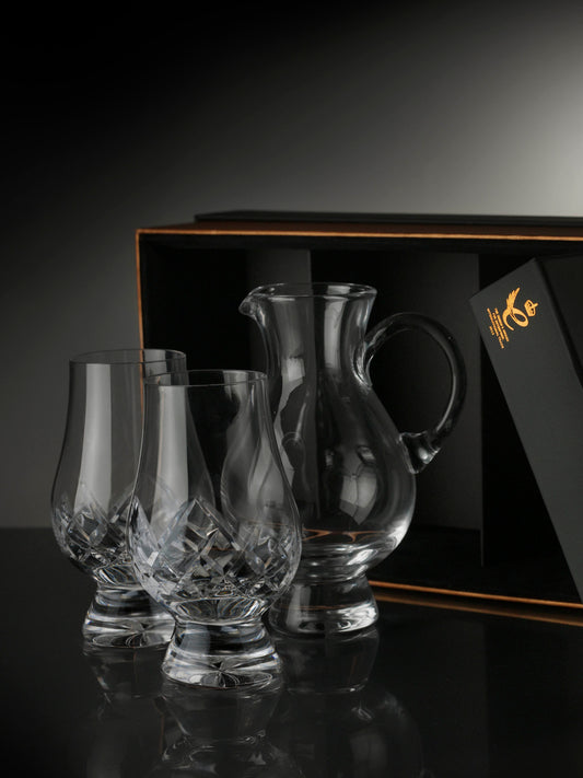 Pair of cut Glencairn Whisky Glasses with water jug in a beautiful presentation box.