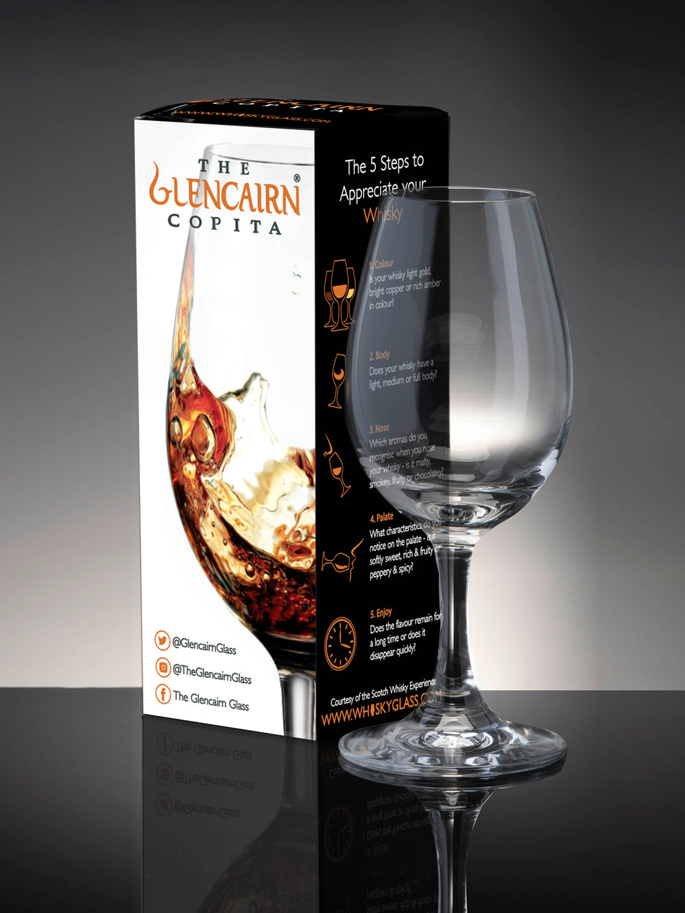 Modelled from the traditional sherry copita, manufactured with lead-free crystal and optimised for sensory analysis for the whisky enthusiast.  Part of the Glencairn collection.