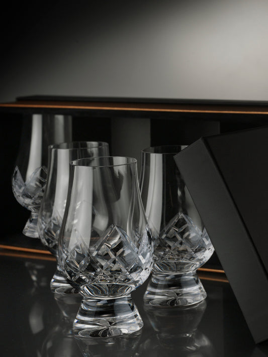 Set of four cut Glencairn Whisky Glasses in premium presentation box.